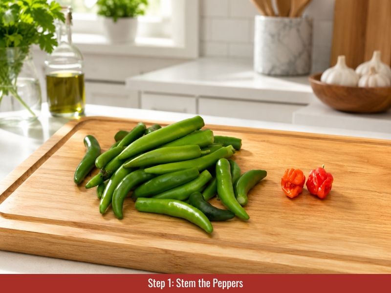 Remove stems from serrano peppers