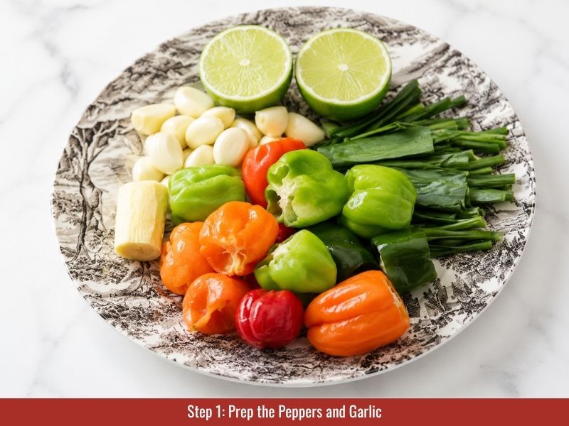 Prepare scotch bonnet peppers and garlic