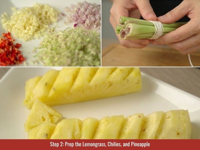 Preparing lemongrass, chili, garlic, shallots, and pineapple for bun bo Hue broth and sa te paste