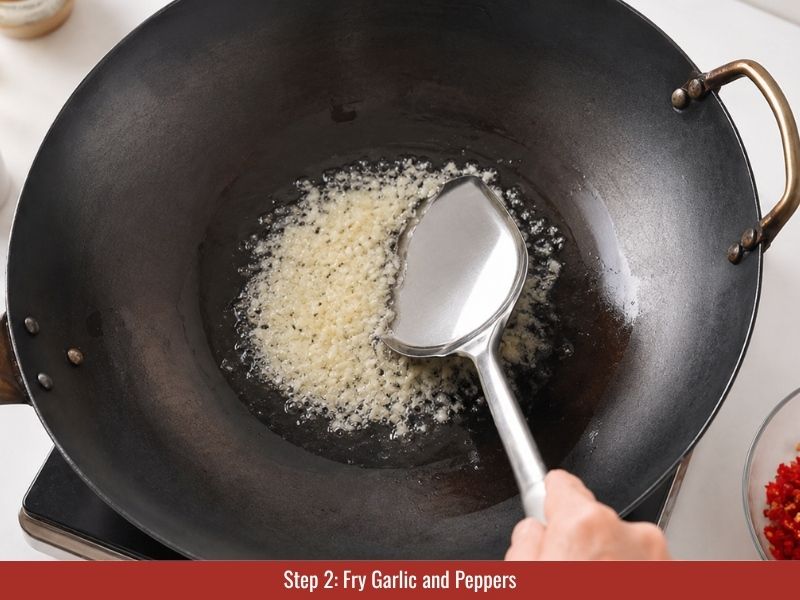 Fry garlic and peppers in wok