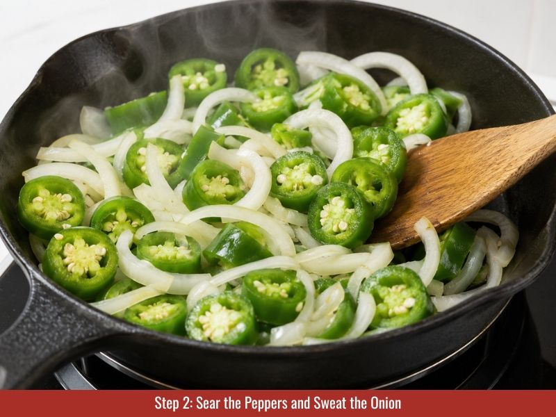 Jalapeños seared with softened yellow onion