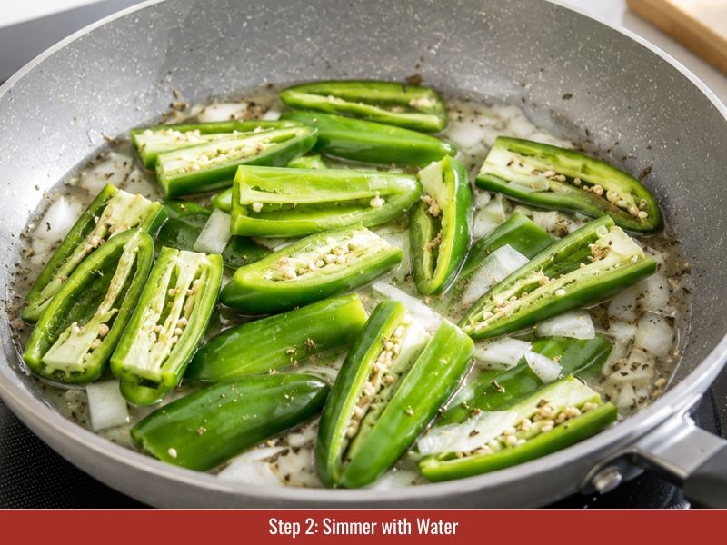 Simmer jalapeño peppers for hot sauce