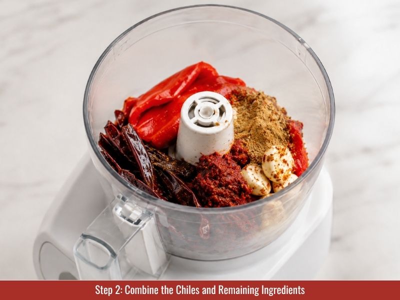 Combine chiles with roasted red peppers, garlic, spices, and lemon juice