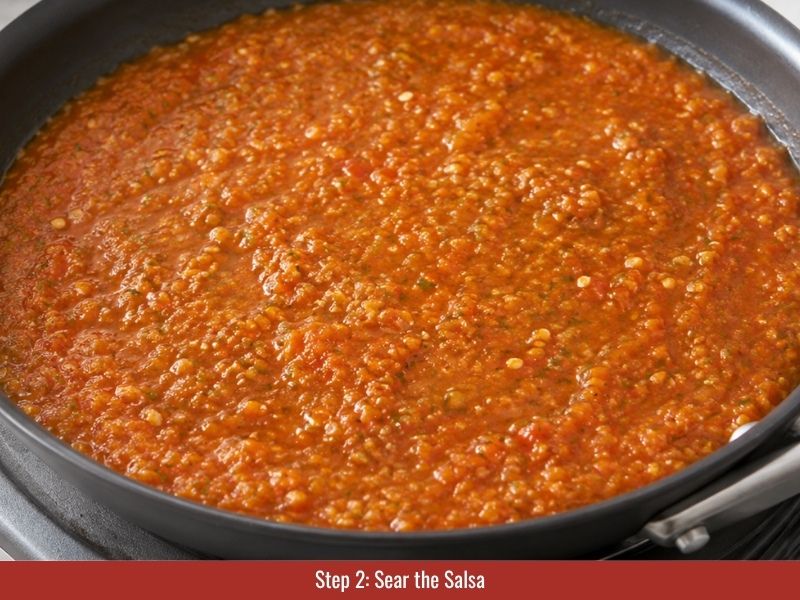 Sear blended salsa in hot olive oil with cumin and salt