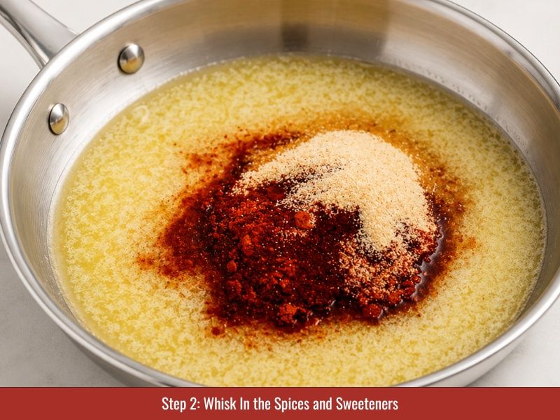 Whisk cayenne, paprika, garlic, brown sugar, and honey into melted butter
