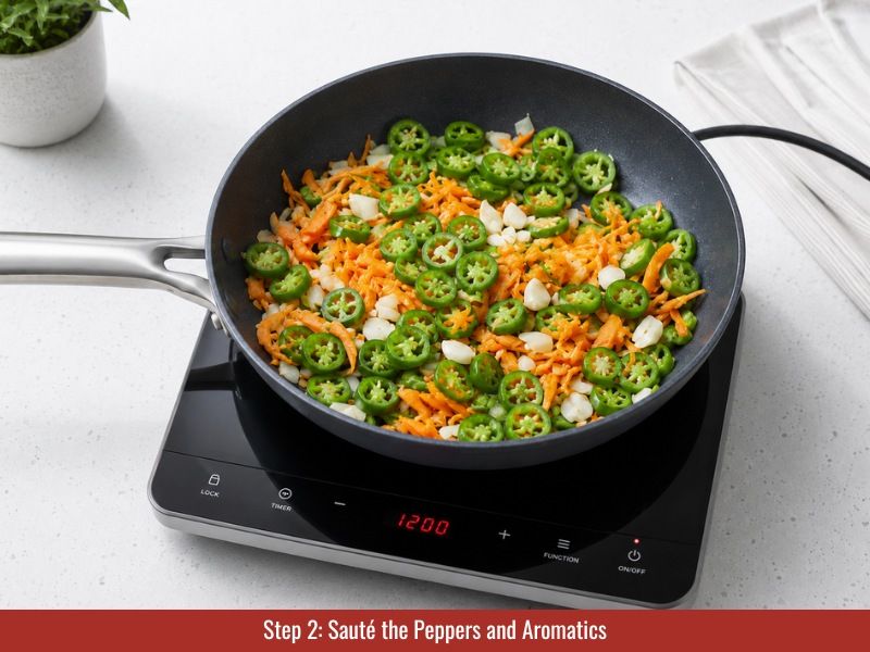 Sauté peppers, onion, and garlic