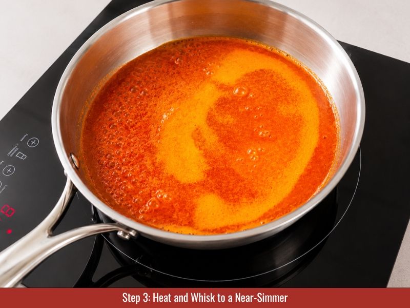 Buffalo sauce whisked gently before reaching a boil