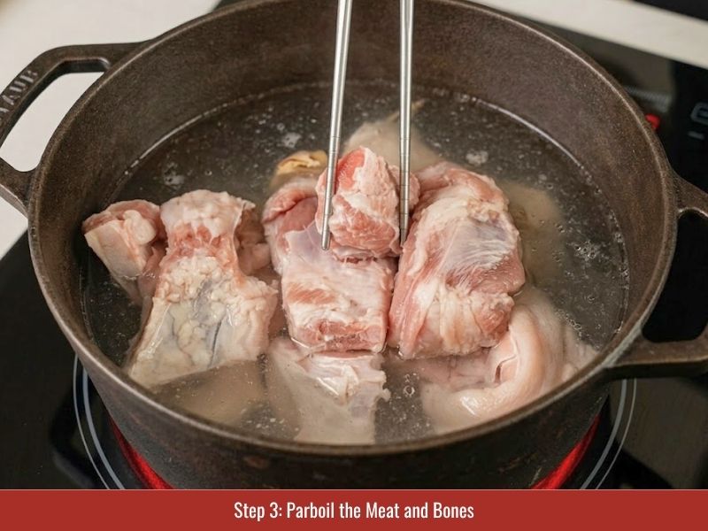 Blanching beef shank, pork hock, and bones to remove impurities before making clear bun bo Hue broth