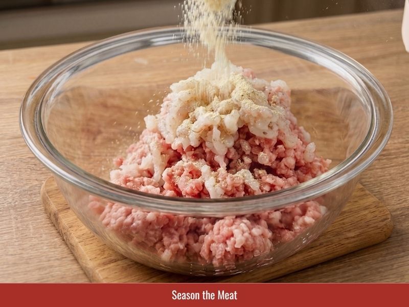 Seasoning pork and shrimp mixture with spices, aromatics, and green onion