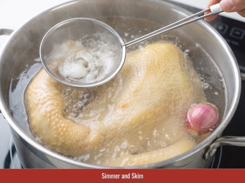 Simmering chicken broth and removing foam to create a clear flavorful base for chao ga