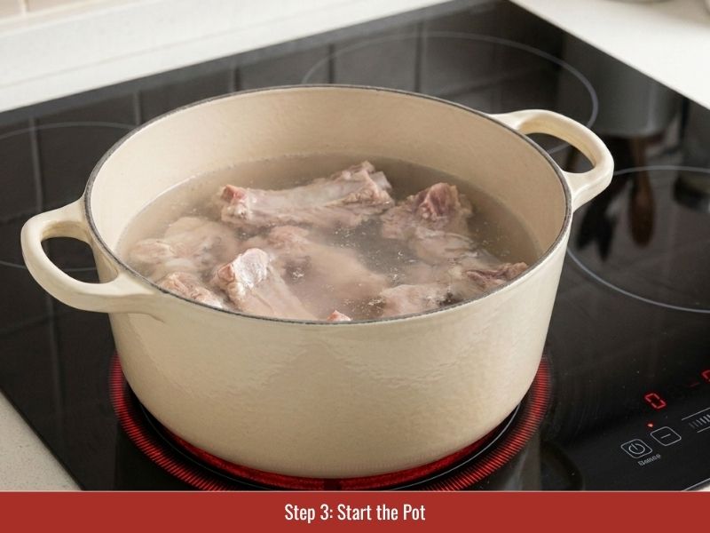 Adding chicken bones and water to begin preparing the chicken pho broth base