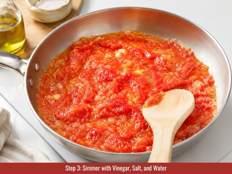 simmer tomato with vinegar, salt, water