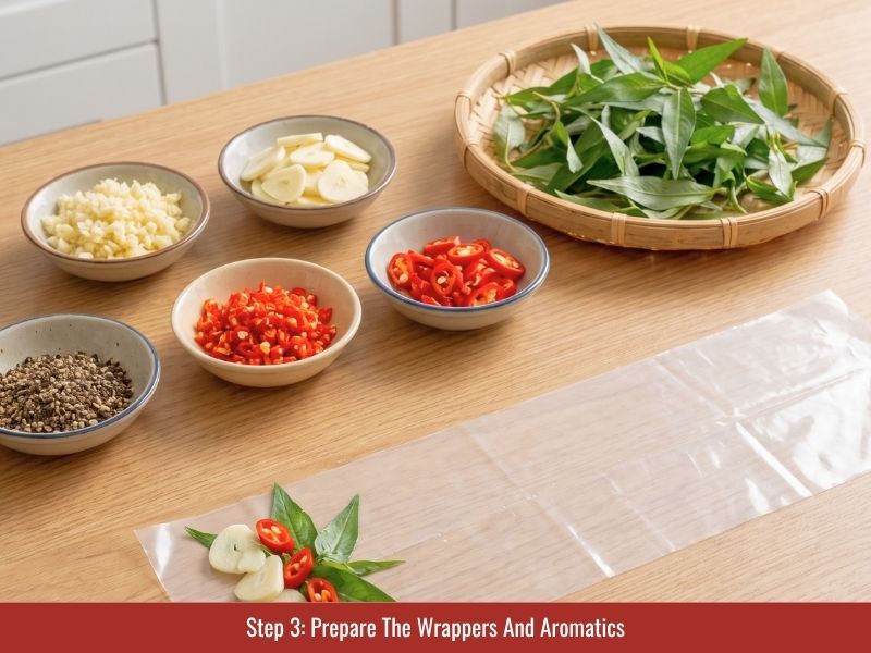 Preparing garlic, chili, Vietnamese coriander, pepper, and wrappers for nem chua