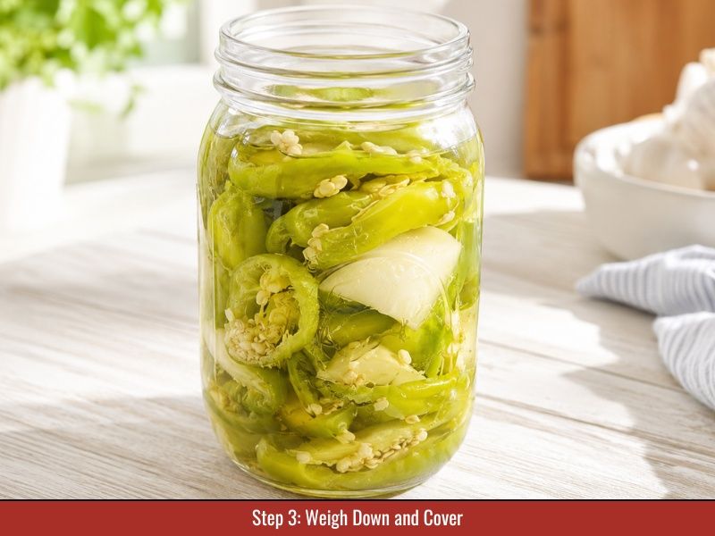 Weigh down pepperoncini for fermentation