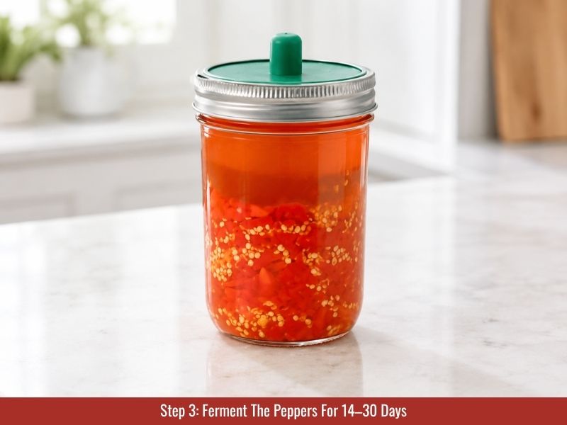 Red Tabasco peppers fermenting in a sealed jar with salt brine and fermentation weight