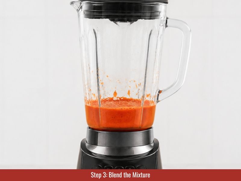 Cooked pepper mixture blending into smooth sauce