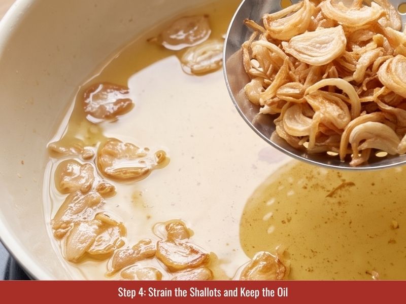 Draining fried shallots and reserving shallot oil for batter, rolling surface, and finishing