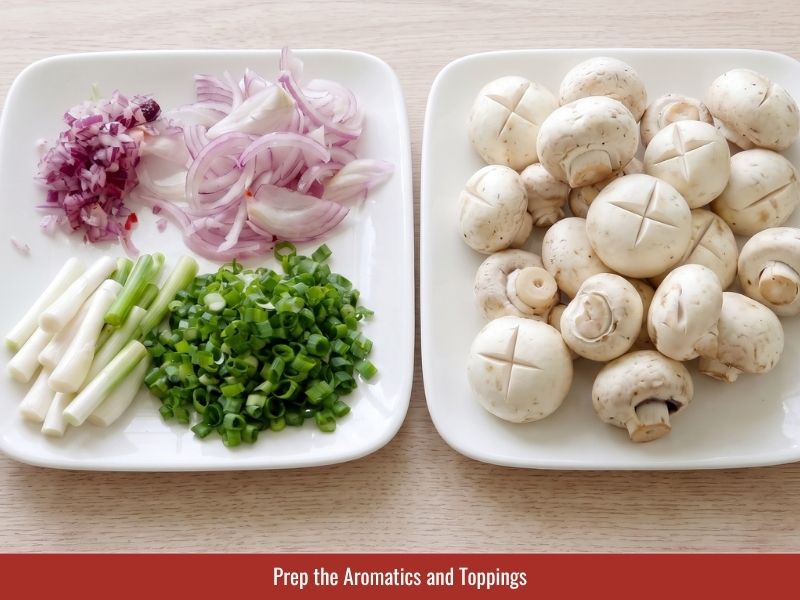Preparing shallots, green onions, mushrooms, and aromatics for Vietnamese chicken porridge