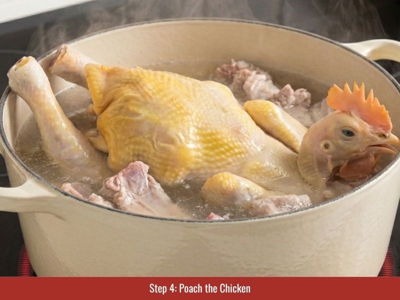 Poaching whole chicken gently in broth while skimming foam to keep the pho broth clear