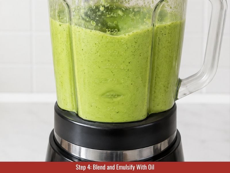 Oil streamed slowly into blended jalapeño mixture