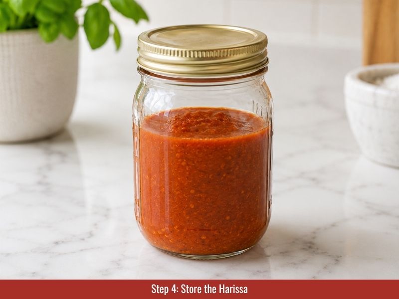 Store Mediterranean hot sauce in glass jar with olive oil