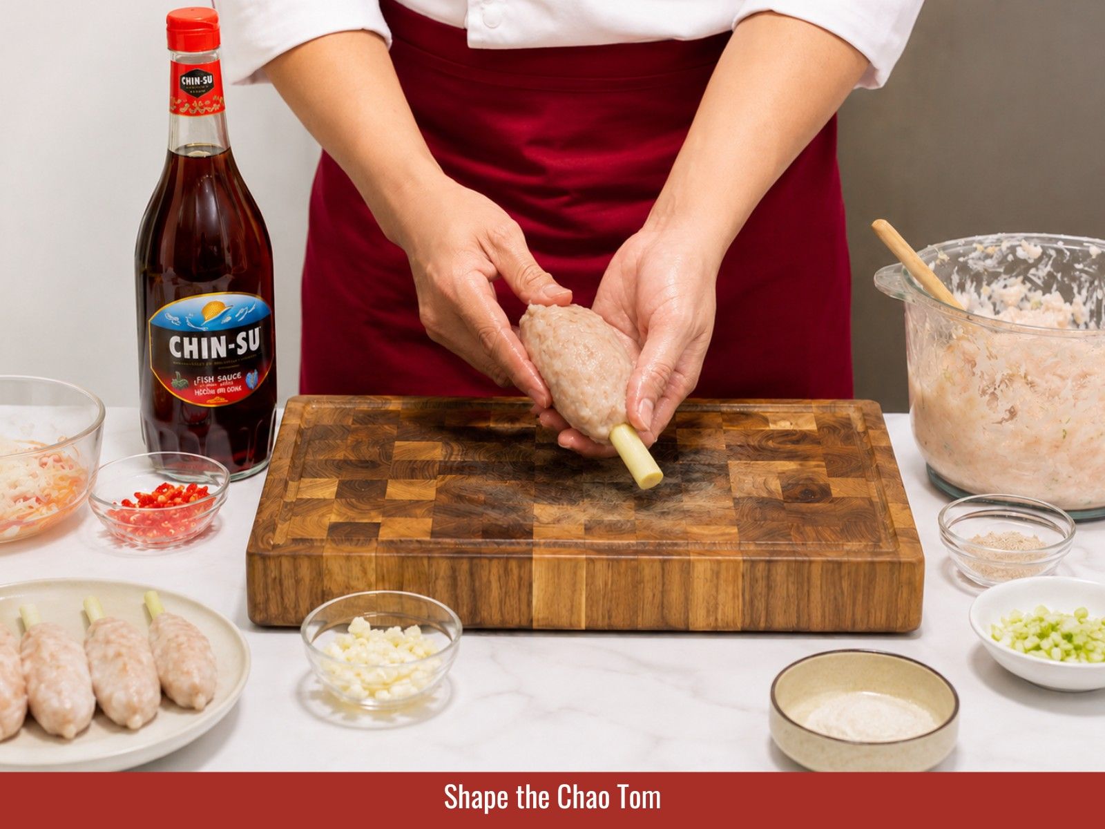 Shape shrimp paste around sugarcane
