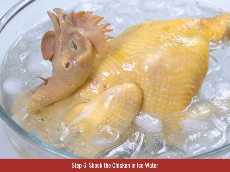Cooling cooked chicken in an ice bath to improve texture and prepare it for slicing
