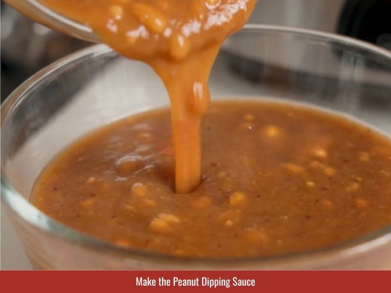 Cooking Vietnamese peanut dipping sauce with fermented soybean paste, hoisin sauce, peanut butter, and shallots