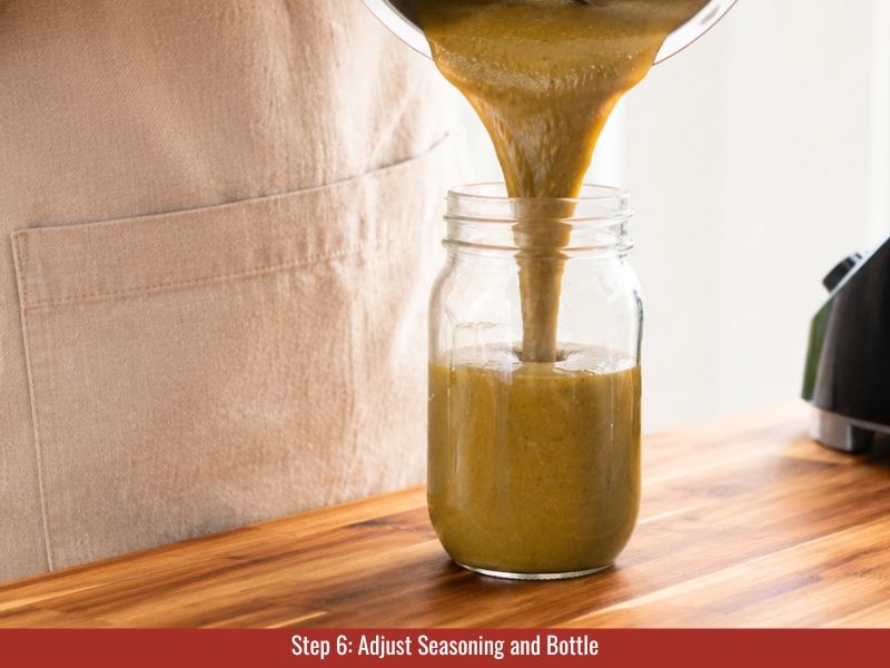 Finished hot sauce adjusted, bottled, and rested