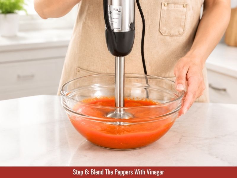 Blending fermented Tabasco peppers with distilled vinegar to create a smooth homemade hot sauce
