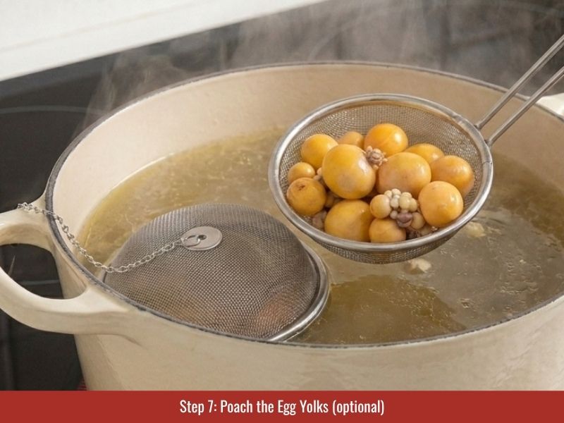 Poaching optional immature egg yolks in chicken pho broth before serving