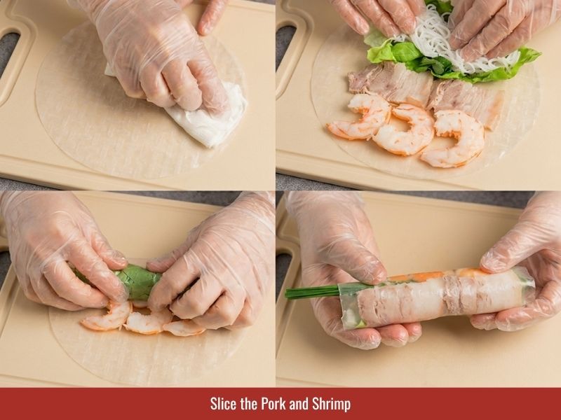 Rolling Vietnamese fresh spring rolls with softened rice paper, shrimp, pork, noodles, herbs, and garlic chives