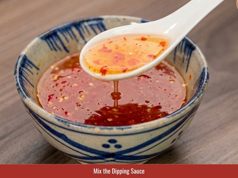 Mixing fish sauce, citrus juice, sugar syrup, and chili to make Vietnamese nuoc cham