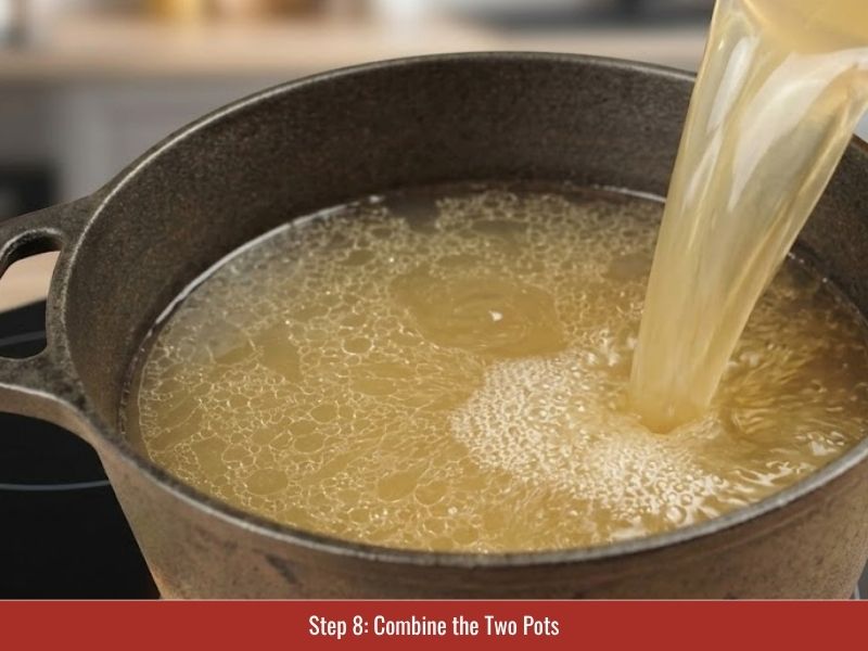 Combining beef broth, pork broth, shrimp paste liquid, and chili lemongrass paste for bun bo Hue