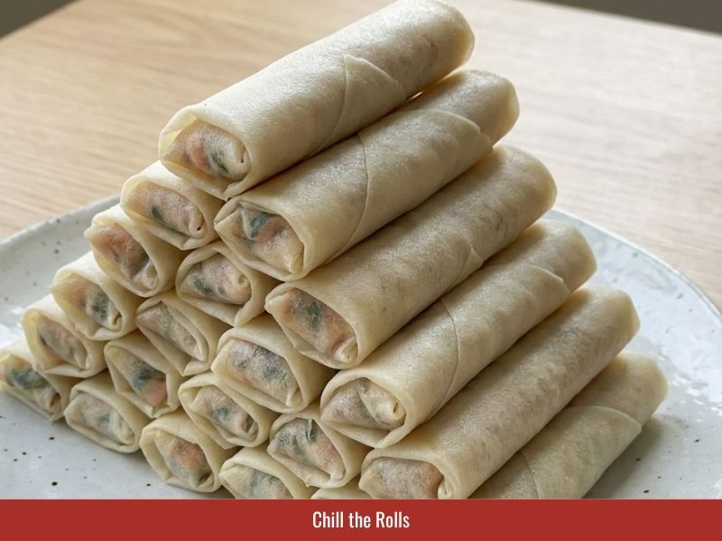 Chilling rolled cha gio before frying to improve wrapper crispness