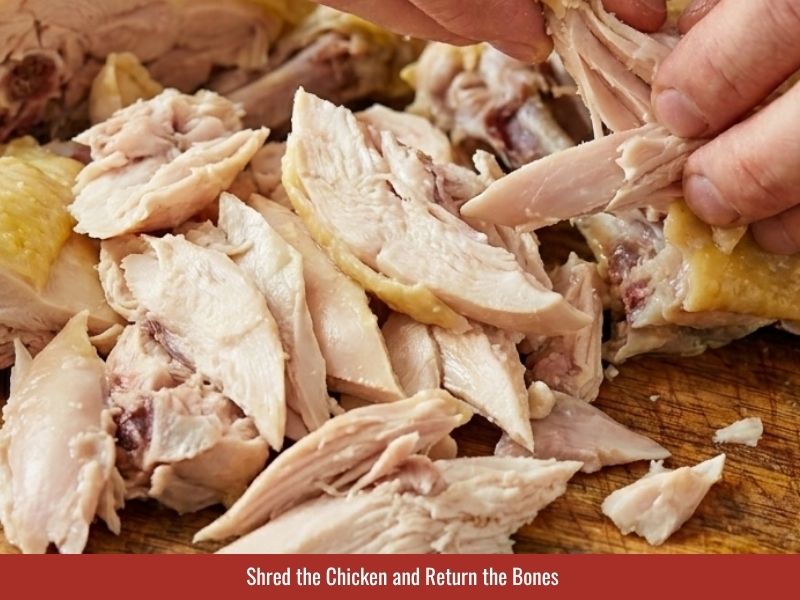 Shredding poached chicken and returning chicken bones to the broth for deeper flavor