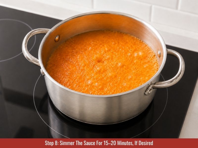 Simmering blended pepper sauce gently to combine flavors and stop active fermentation