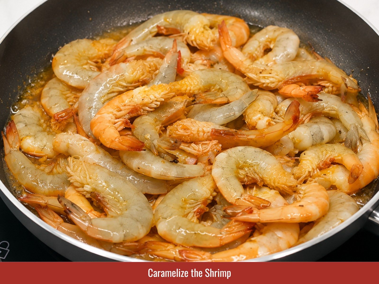 Cook shrimp in caramel sauce until coated