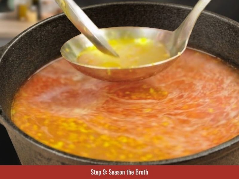 Seasoning bun bo Hue broth with fish sauce, rock sugar, salt, seasoning powder, and optional MSG