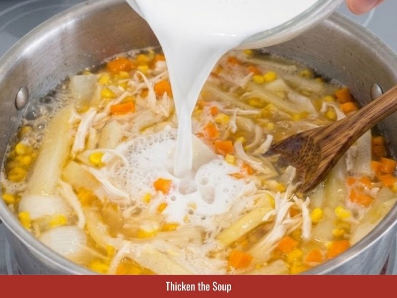 Adding starch slurry gradually to thicken sup mang cua broth to the desired consistency