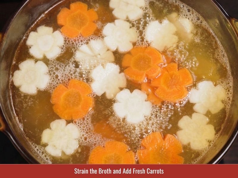 Straining pork rib broth and adding fresh carrots before final seasoning