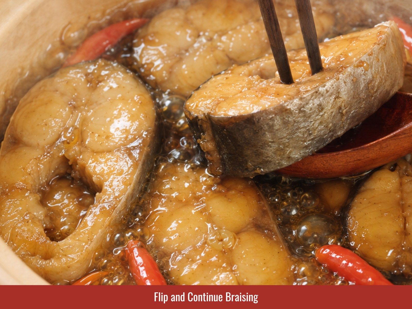 Flip catfish and baste with braising liquid