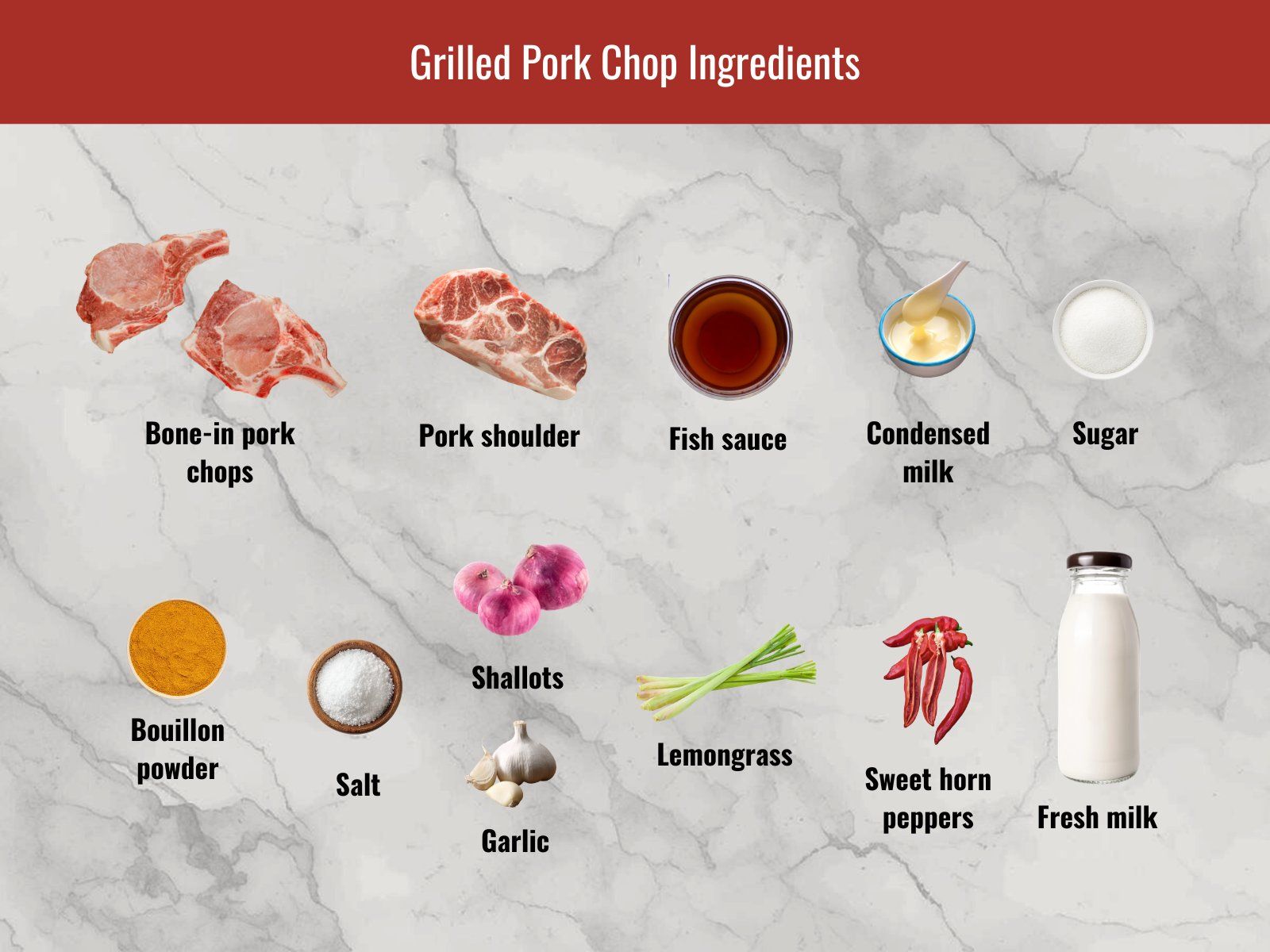 Pork chop and marinade ingredients for suon nuong