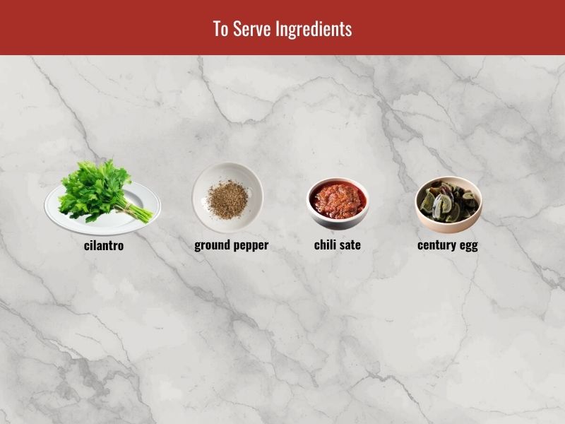 Sup mang cua toppings including cilantro, black pepper, chili sate, and optional century egg