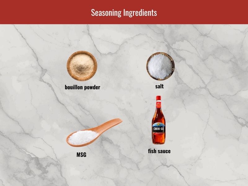 Sup nui broth seasoning ingredients including fish sauce, bouillon powder, salt, MSG, and savory seasonings