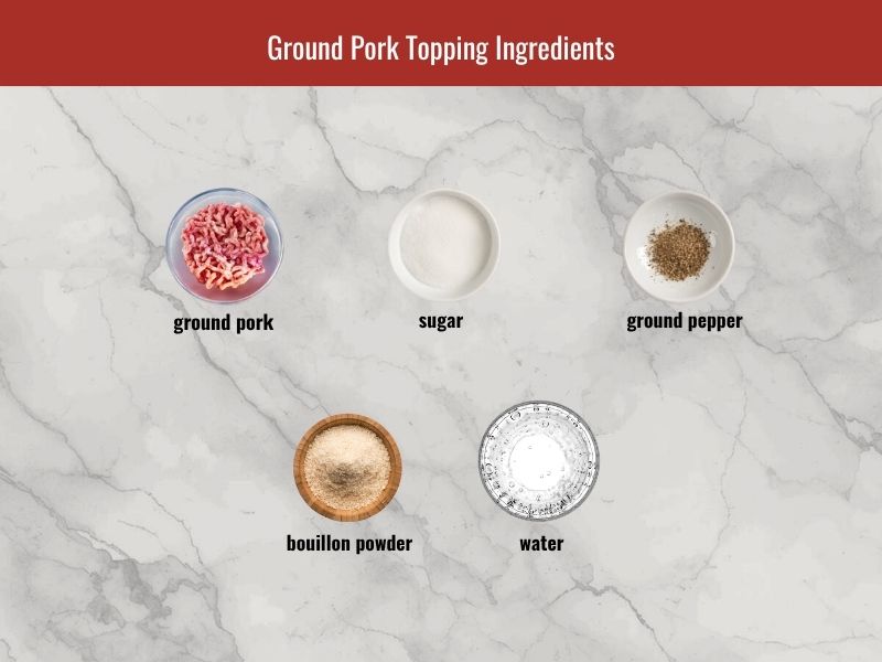 Ground pork topping ingredients for Vietnamese macaroni soup including pork, seasoning powder, sugar, pepper, and water