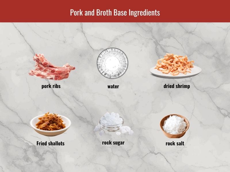 Sup nui ingredients including pork ribs, dried shrimp, fried shallots, rock sugar, and broth seasoning components