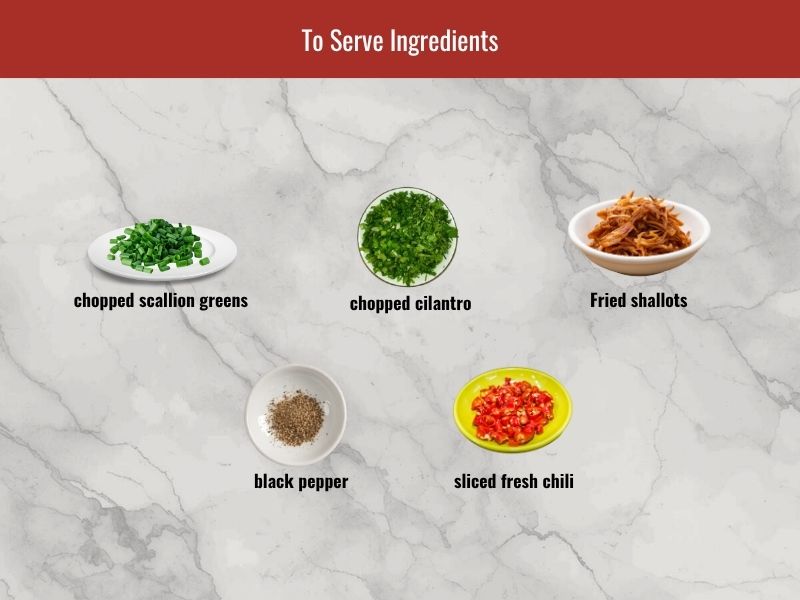 Sup nui toppings including scallions, cilantro, fried shallots, black pepper, and fresh chili