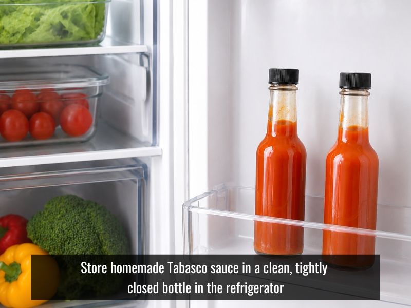 Refrigerating homemade Tabasco-style hot sauce in a sealed bottle for safe storage