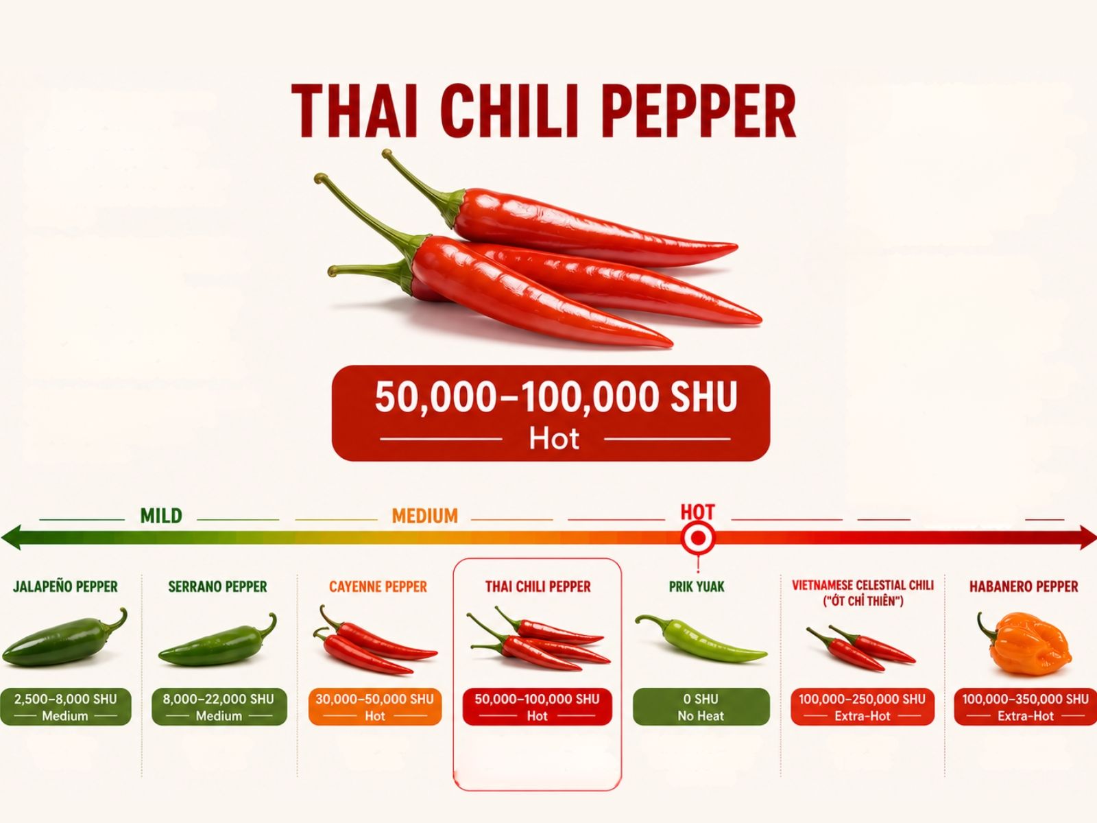 Thai chili Scoville heat compared with other peppers